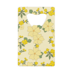 Gele bloemen, bloempatroon, patroon van bloemen creditkaart flessenopener