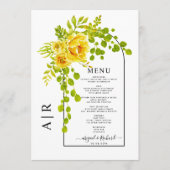 Gele bloemen, boog en monogram herdersbruiloft menu (Voorkant)