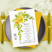 Gele bloemen, boog en monogram herdersbruiloft menu