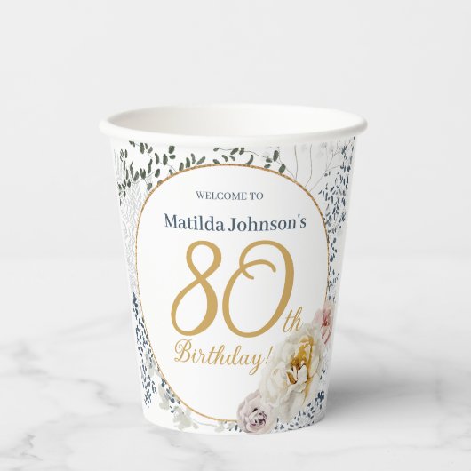 Gele Bloemen Botanische Foto 80ste Verjaardagsfees Papieren Bekers (Voorkant)