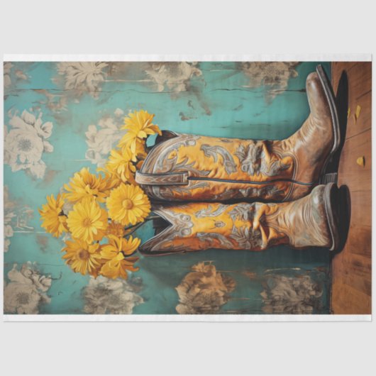 Gele Bloemen Cowboy Laarzen Decoupage Tissuepapier (Voorkant)