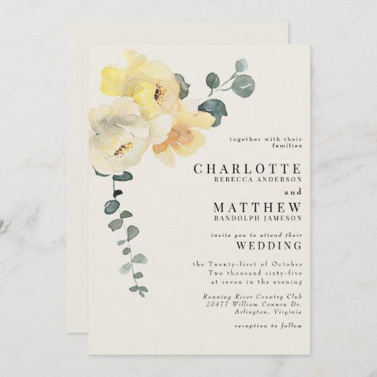 Gele Bloemen Crème Elegante Bruiloft Geen Ouders Kaart (Voorkant / Achterkant)