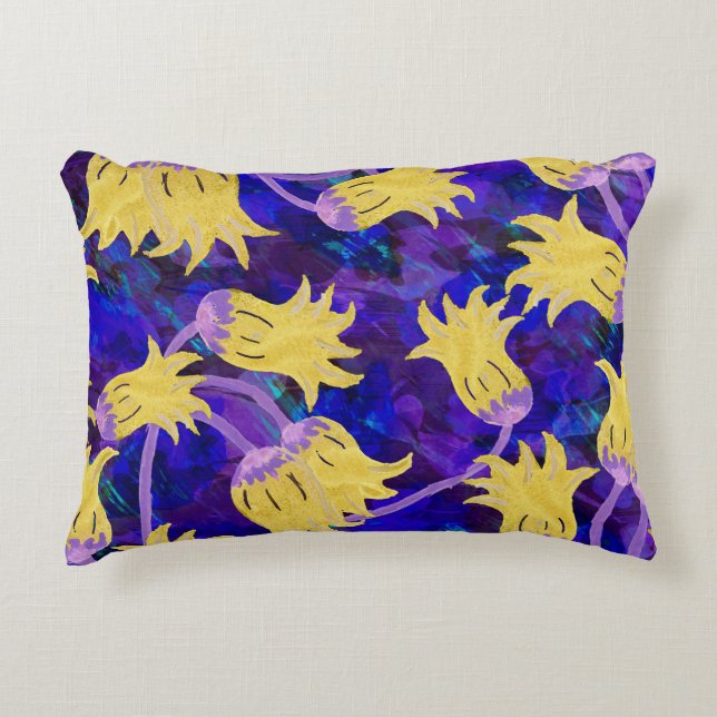 Gele bloemen: donkere achtergrond waterverf kunstw accent kussen (Voorkant)