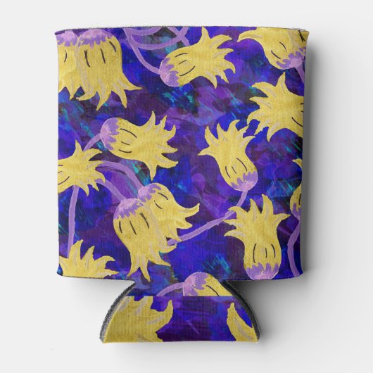 Gele bloemen: donkere achtergrond waterverf kunstw blikjeskoeler (Voorkant)