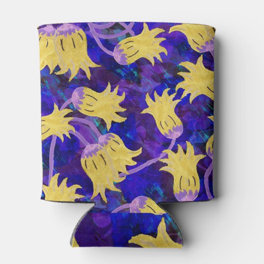 Gele bloemen: donkere achtergrond waterverf kunstw blikjeskoeler (Achterkant)