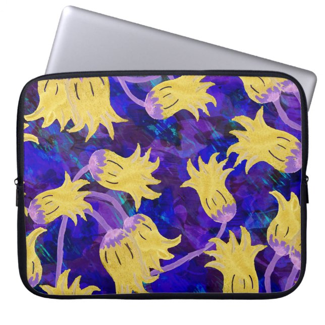Gele bloemen: donkere achtergrond waterverf kunstw laptop sleeve (Voorkant)