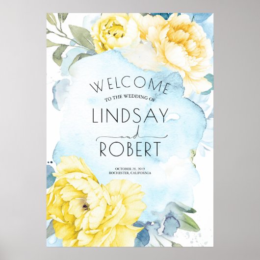 Gele bloemen Dusty Blue Waterverf Wedding Poster (Voorkant)