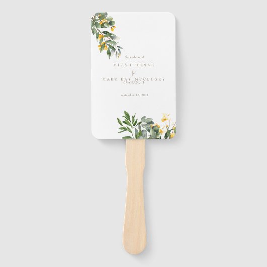 Gele Bloemen Eenvoudige Gouden Tekst Handwaaier (Voorkant)