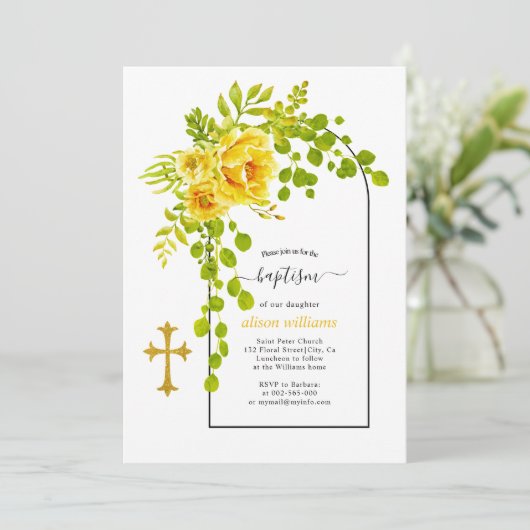 Gele bloemen en baptisme op de boog kaart (Staand voorkant)
