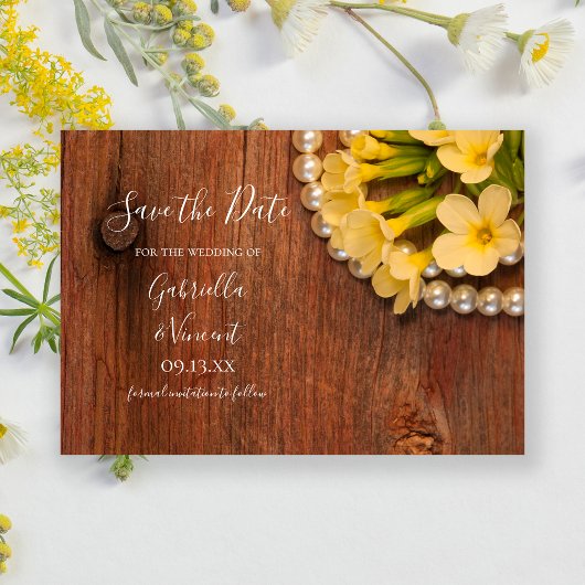Gele bloemen en Barn Wood Weddenschap sparen de Da Save The Date