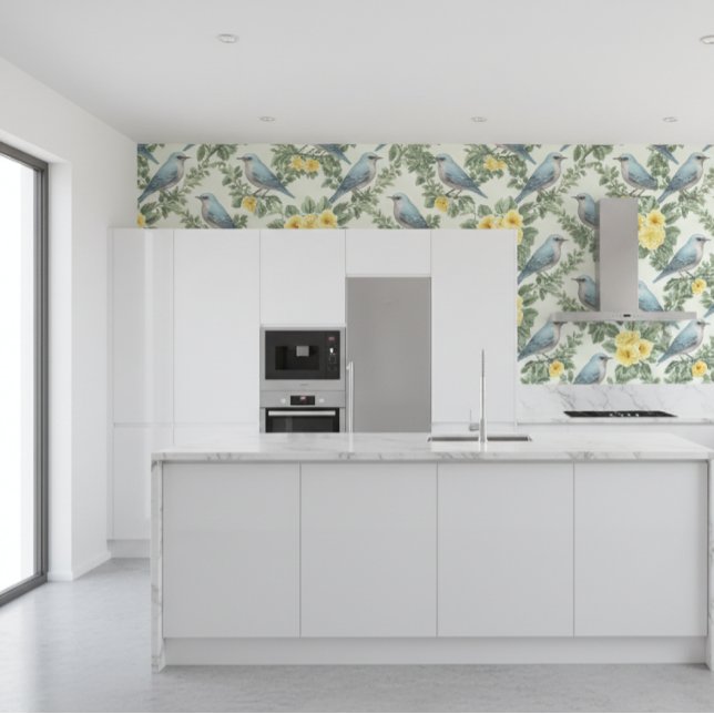 Gele bloemen en blauwe vogels  behang (Creator heeft geüpload)