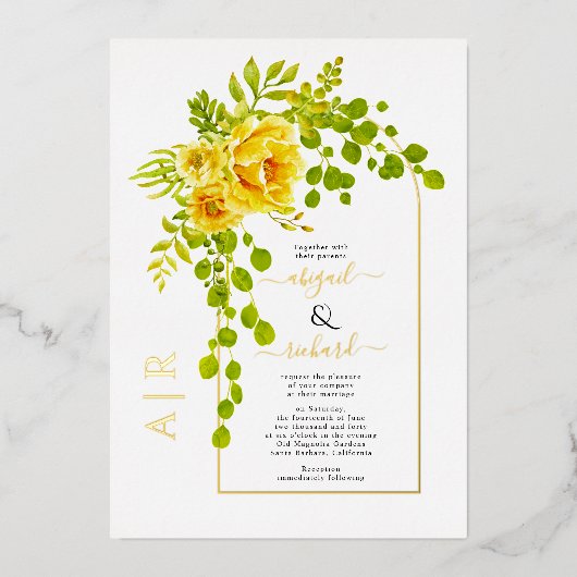 Gele bloemen en boog bruiloft echt goud folie uitnodiging (Voorkant)