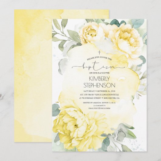 Gele Bloemen en Greenery Baptisme Kaart (Voorkant / Achterkant)