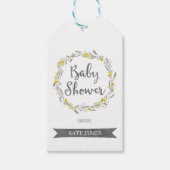 Gele bloemen en Grijze bladeren, Baby shower Cadeaulabel (Voorkant)