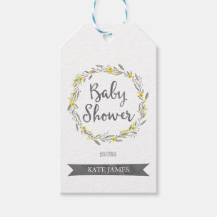 Gele bloemen en Grijze bladeren, Baby shower Cadeaulabel