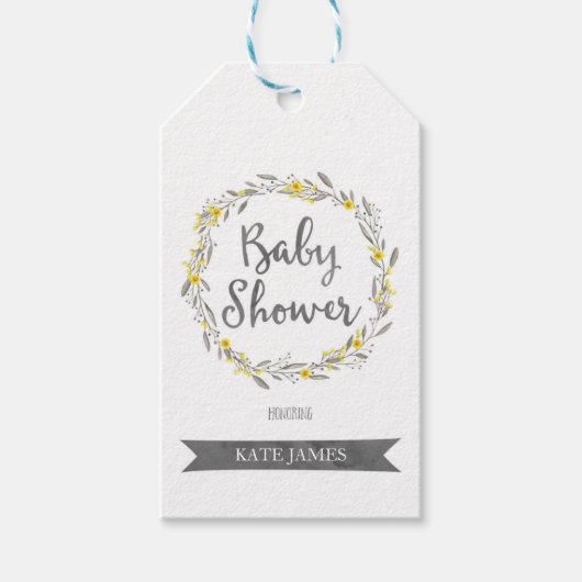 Gele bloemen en Grijze bladeren, Baby shower Cadeaulabel (Voorkant)