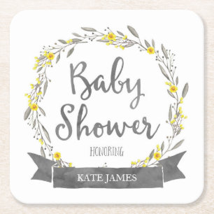 Gele bloemen en Grijze bladeren, Baby shower Kartonnen Onderzetters
