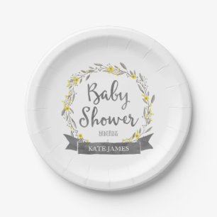 Gele bloemen en Grijze bladeren, Baby shower Papieren Bordje