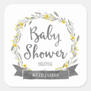Gele bloemen en Grijze bladeren, Baby shower Vierkante Sticker
