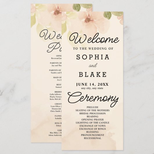 Gele bloemen en groen geel bruiloft programma (Voorkant / Achterkant)