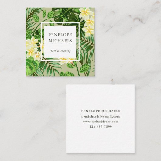  gele bloemen en groene palmen vierkante visitekaartje (Voorkant / Achterkant)