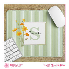 Gele bloemen- en groene strepen-monogram muismat