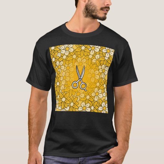 Gele bloemen en kapper schaar. t-shirt (Voorkant)