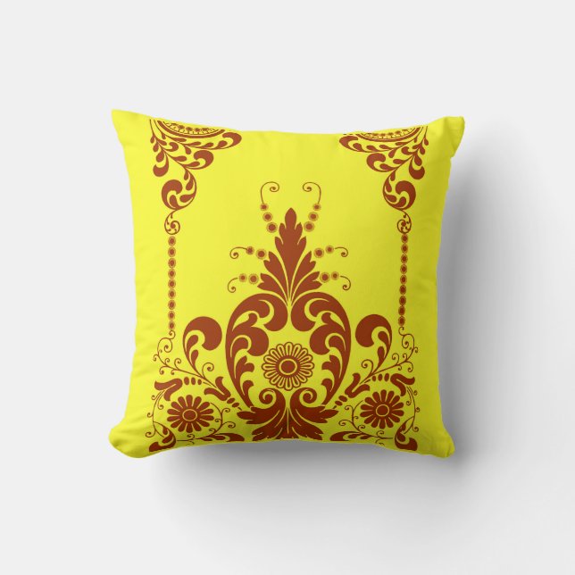 gele bloemen en krullenprint kussen (Voorkant)
