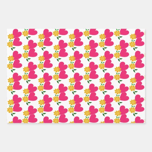 Gele bloemen en roze harten inpakpapier vel (Voorkant 3)