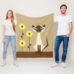Gele Bloemen en Siamese Kat Fleece Deken