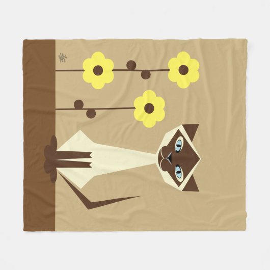 Gele Bloemen en Siamese Kat Fleece Deken (Voorkant (Horizontaal))