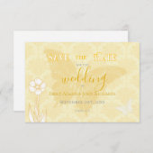 Gele bloemen en vlinders bruiloft save the date (Voorkant / Achterkant)