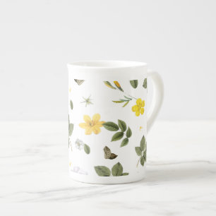 Gele bloemen en witte rozen 3 porselein kop
