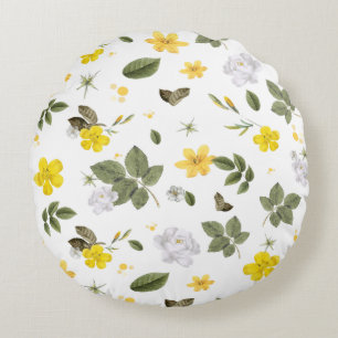 Gele bloemen en witte rozen 3 rond kussen