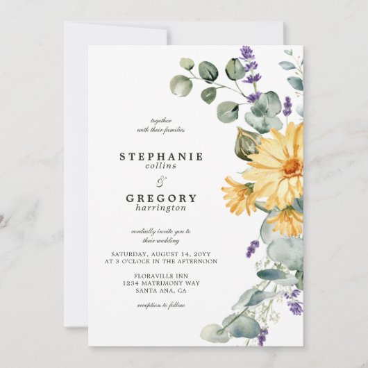 Gele Bloemen Eucalyptus Bruiloft Kaart (Voorkant)