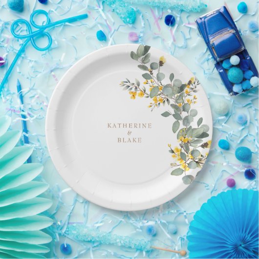 Gele Bloemen & Eucalyptus Namen Bruiloft Papieren Bordje (Feest)