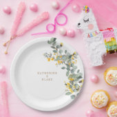 Gele Bloemen & Eucalyptus Namen Bruiloft Papieren Bordje (Feest)