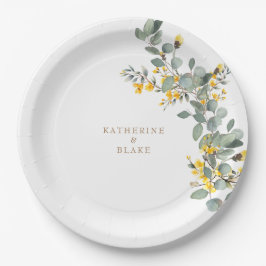 Gele Bloemen & Eucalyptus Namen Bruiloft Papieren Bordje