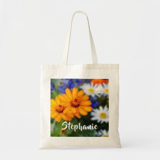 Gele bloemen Floral met gepersonaliseerde naam Tote Bag (Voorkant)