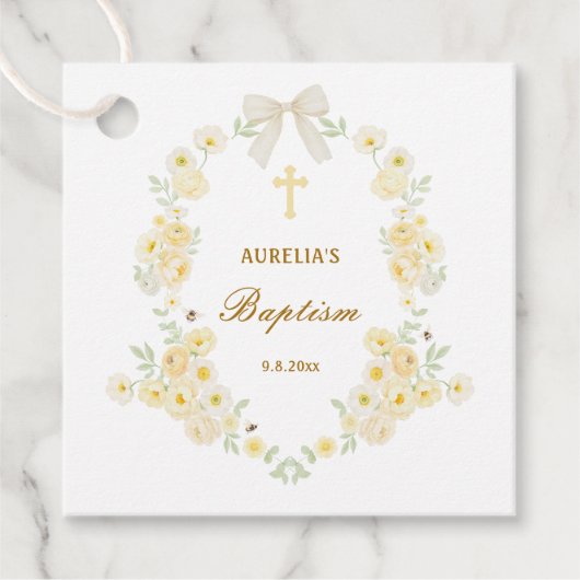 Gele Bloemen Frame Boog Doop Bedankjes Labels (Voorkant)