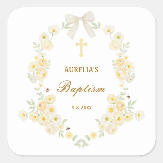 Gele Bloemen Frame Boog Doop Vierkante Sticker (Voorkant)