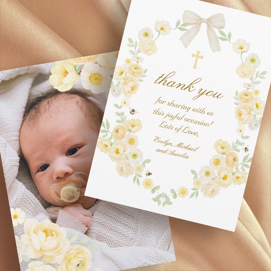 Gele Bloemen Frame Strik Doop Dank Je Kaart