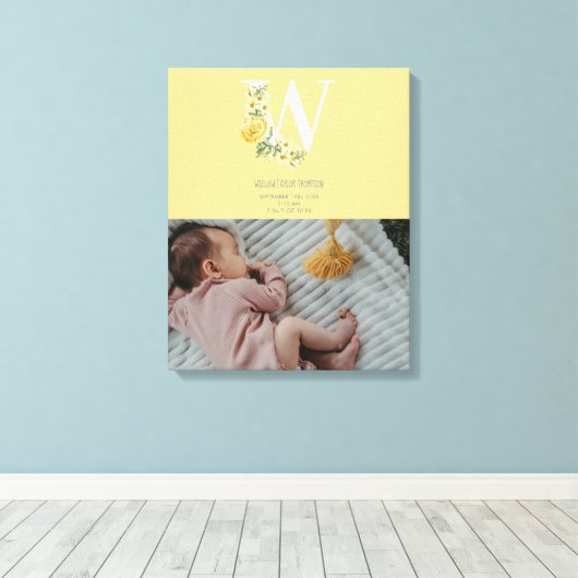 Gele Bloemen Geboorte Statistieken Geboorte Aankon Canvas Afdruk (Insitu (Houten vloer))