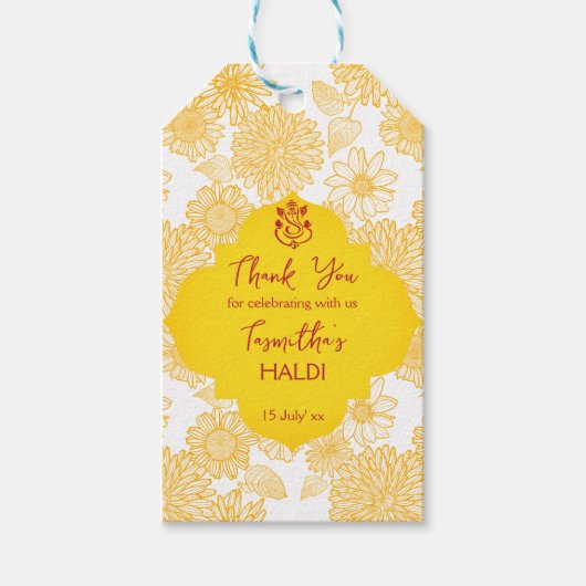 Gele bloemen, gepersonaliseerd onder de naam Haldi Cadeaulabel (Voorkant)