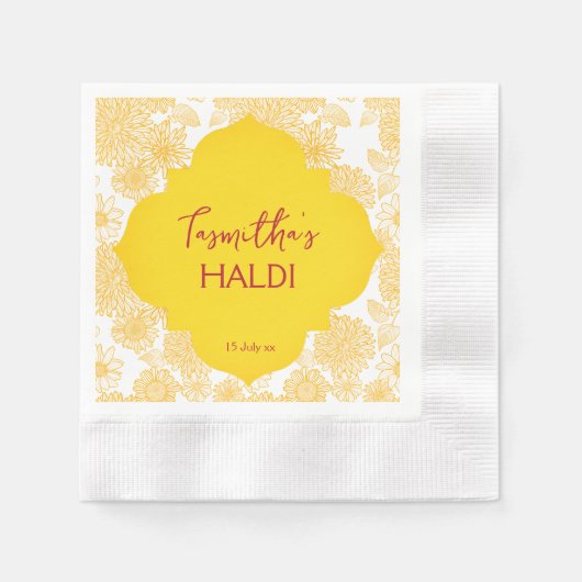 Gele bloemen, gepersonaliseerde naam Haldi napkins Servet (Voorkant)