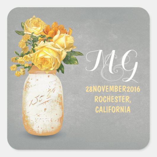 Gele bloemen geschilderd mason potje bruiloft stic vierkante sticker (Voorkant)
