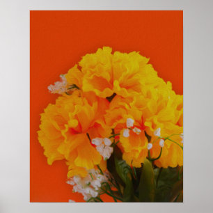Gele bloemen, geverfd op Sinaasappel Poster
