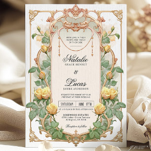 Gele Bloemen Gouden Art Nouveau Huwelijksuitnodigi Kaart