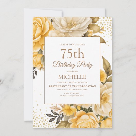Gele Bloemen Gouden Glitter 75ste Verjaardag Kaart (Voorkant)