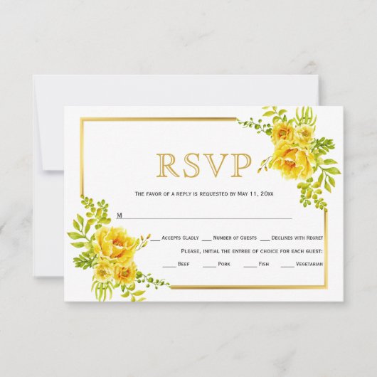 Gele bloemen, gouden lijst bruiloft RSVP-kaart RSVP Kaartje (Voorkant)